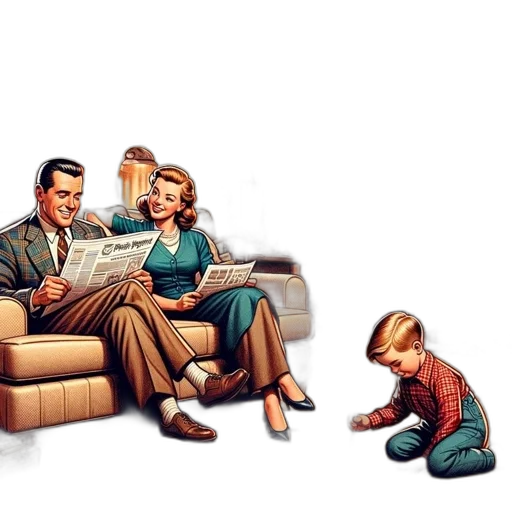 furniture, comic book art, fire, outer space, nostalgic, 1950s, scene, family transparent PNG cut-out
