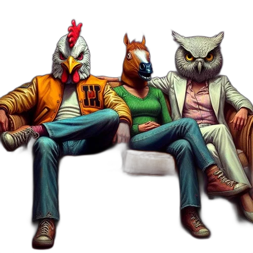 mask, concept art, comic book art, fantasy art, pixel art, three, individuals, animal transparent PNG cut-out