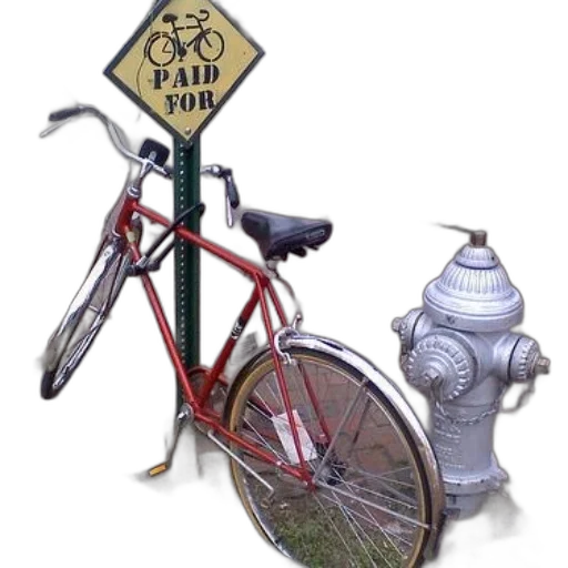 photorealistic, 3d render, concept art, red, bicycle, chained, green, pole transparent PNG cut-out
