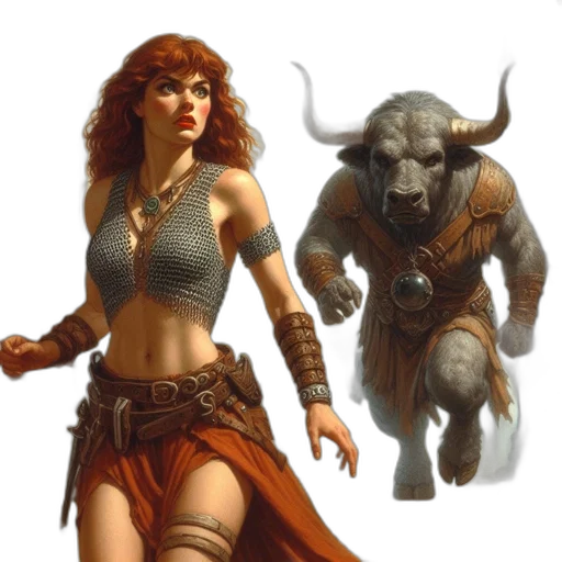 concept art, fantasy art, comic book art, photorealistic, earth tones, golden, red-haired, woman transparent PNG cut-out