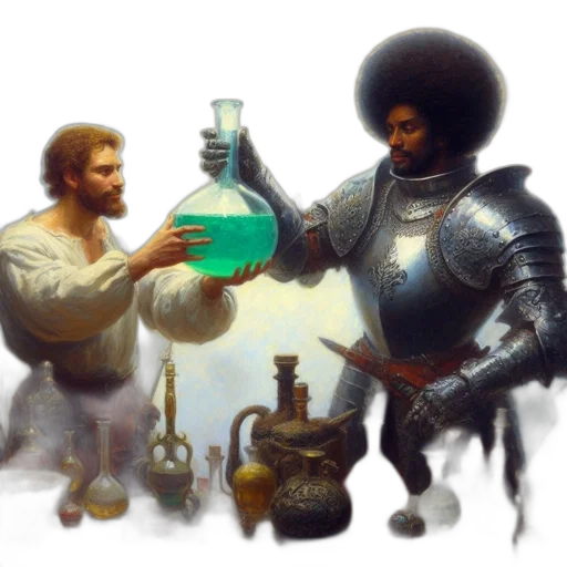 bottle, sword, robot, crown, concept art, fantasy art, oil painting, underwater transparent PNG cut-out