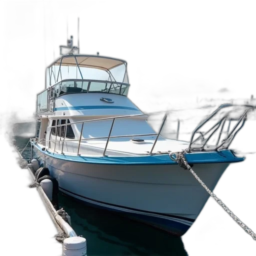photorealistic, 3d render, white, blue, boat, docked, marina, ladder transparent PNG cut-out