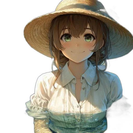 hat, dress, staff, flower, anime, photorealistic, oil painting, watercolor transparent PNG cut-out
