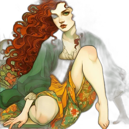 dress, fantasy art, concept art, watercolor, comic book art, fire, green, earth tones transparent PNG cut-out