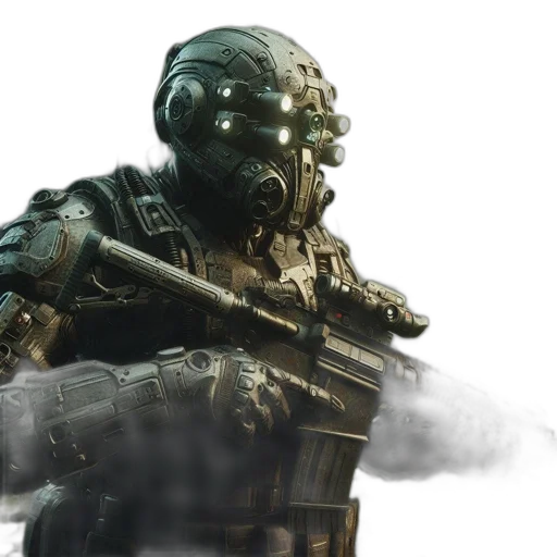 weapon, robot, mask, concept art, 3d render, photorealistic, cyberpunk, green transparent PNG cut-out