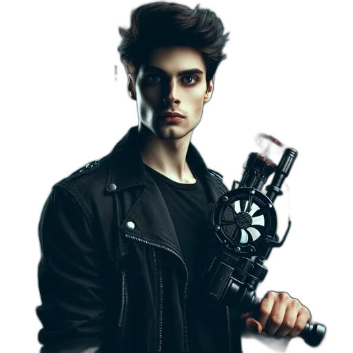 weapon, jacket, staff, robot, concept art, photorealistic, cyberpunk, cartoon transparent PNG cut-out