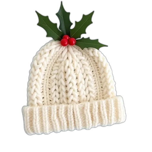 hat, white, knitted, holly transparent PNG cut-out