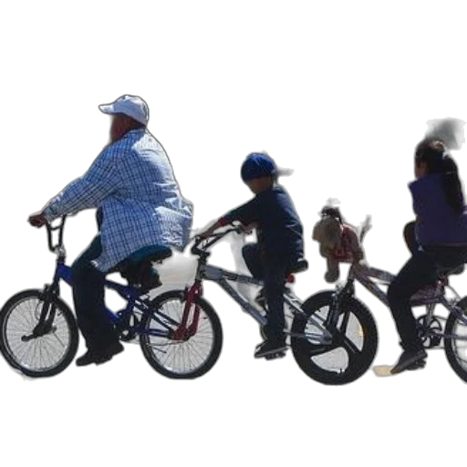 family, rides, bicycles, down, city, street, father, wearing transparent PNG cut-out