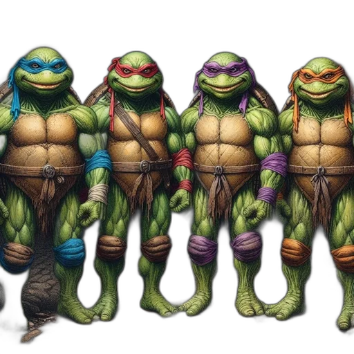 concept art, fantasy art, 3d render, comic book art, four, anthropomorphic, green, turtles transparent PNG cut-out