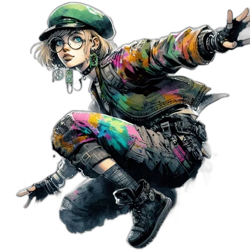 jacket, weapon, staff, concept art, watercolor, comic book art, cyberpunk, green transparent PNG cut-out