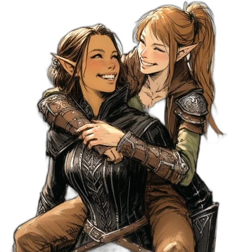 comic book art, concept art, fantasy art, two, female, characters, one, dark transparent PNG cut-out