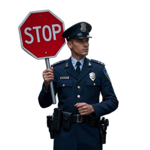 staff, weapon, police, officer, holding, stop, sign, vector transparent PNG cut-out