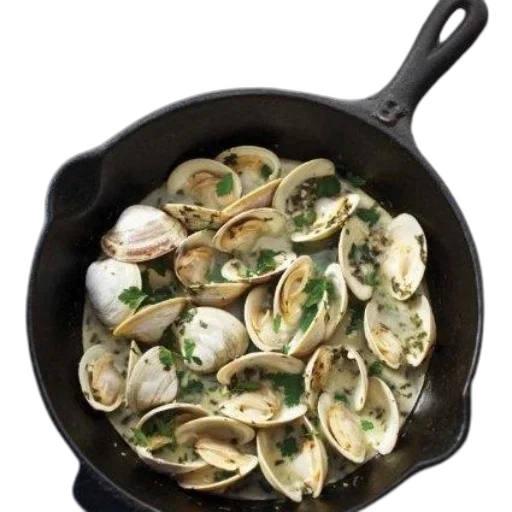 food, photorealistic, 3d render, cookbook, cover, featuring, skillet, clams transparent PNG cut-out