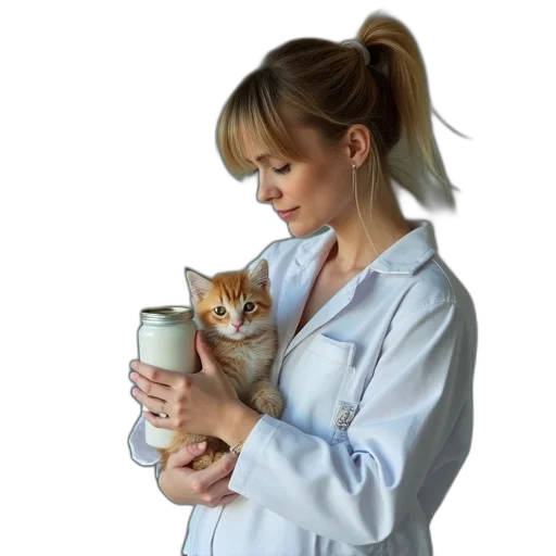staff, oil painting, photorealistic, female, veterina, holding, can, kittens transparent PNG cut-out