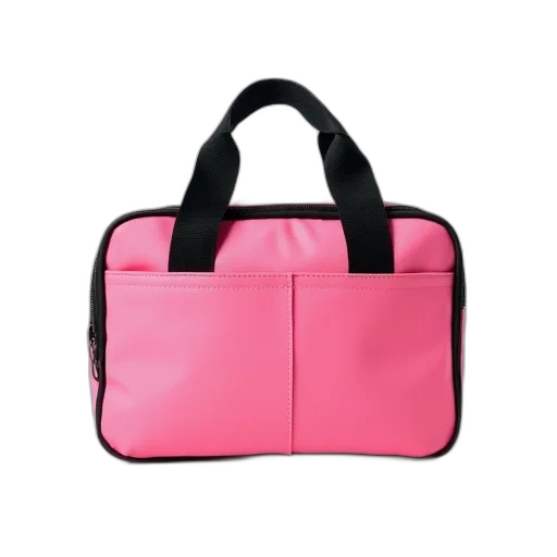 pink, insulated, lunch, bag, black, straps, handle, displayed transparent PNG cut-out