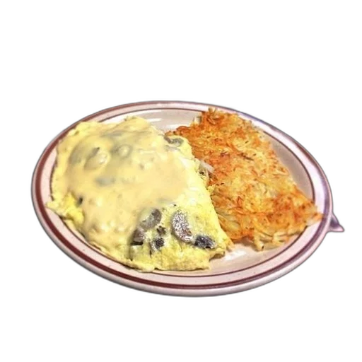 food, jacket, photorealistic, 3d render, plate, omelette, hash, browns transparent PNG cut-out