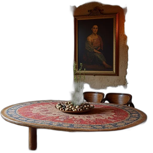 furniture, crown, staff, jewelry, photorealistic, oil painting, forest, table transparent PNG cut-out