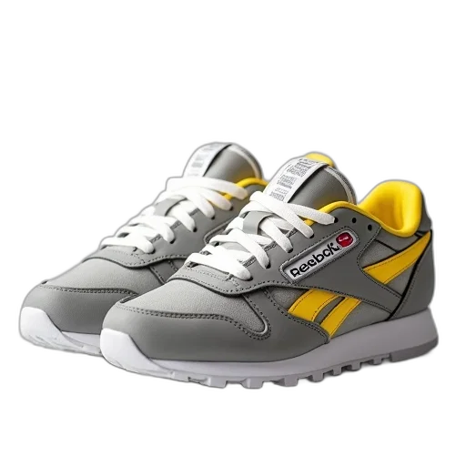 shoes, 3d render, photorealistic, pair, grey, yellow, reebok, sneakers transparent PNG cut-out