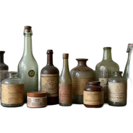 bottle, earth tones, collection, various, old-fashioned, bottles, containers, displayed transparent PNG cut-out