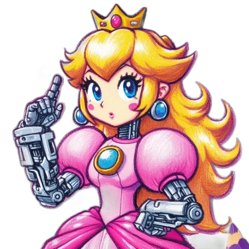 weapon, crown, dress, robot, pixel art, vaporwave, concept art, cartoon transparent PNG cut-out