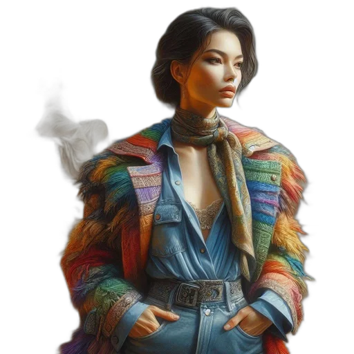 jacket, dress, concept art, cyberpunk, fantasy art, photorealistic, pastel, colorful transparent PNG cut-out