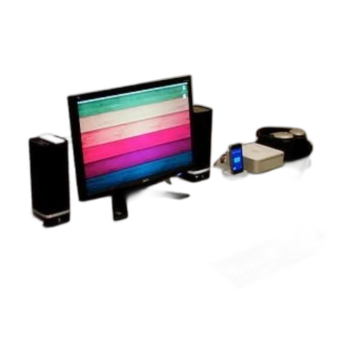 colorful, dark, sleek, modern, workspace, glass, desk, monitor transparent PNG cut-out