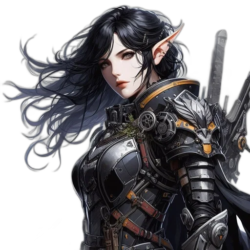 fantasy art, concept art, comic book art, photorealistic, dark, female, character, elf-like transparent PNG cut-out
