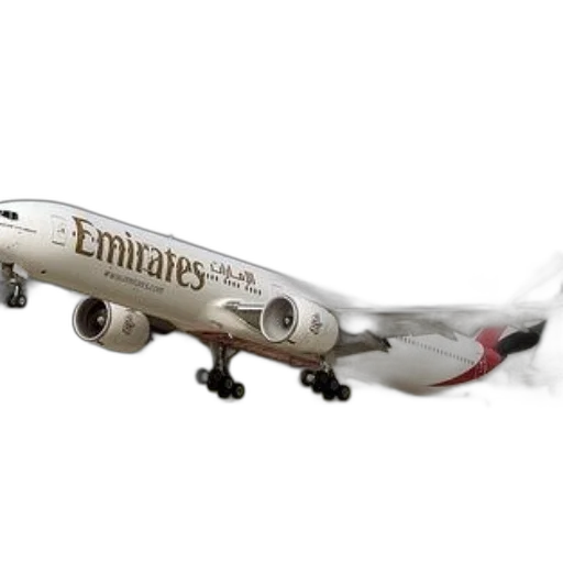 3d render, photorealistic, emirates, airplane, taking, off, runway, cloudy transparent PNG cut-out