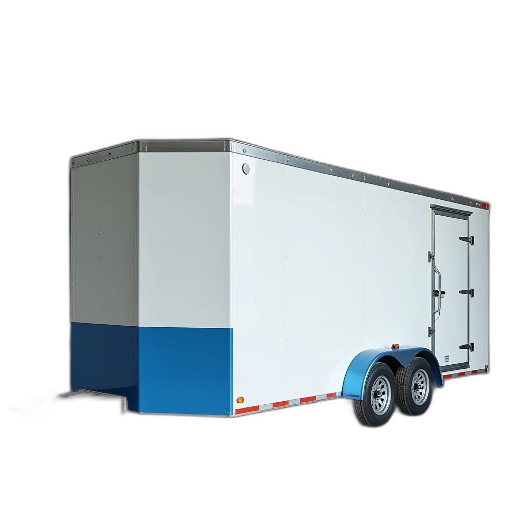 robot, 3d render, concept art, white, trailer, blue, bumper, ait-low transparent PNG cut-out