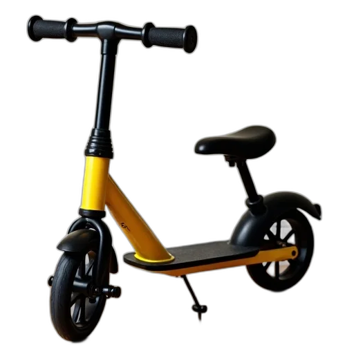 3d render, photorealistic, black, yellow, children, scooter, seat, handlebars transparent PNG cut-out