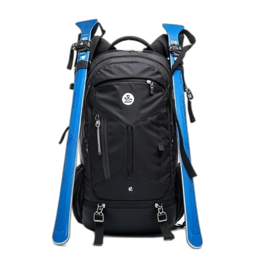 black, blue, backpack, white, logo, front, displayed, against transparent PNG cut-out