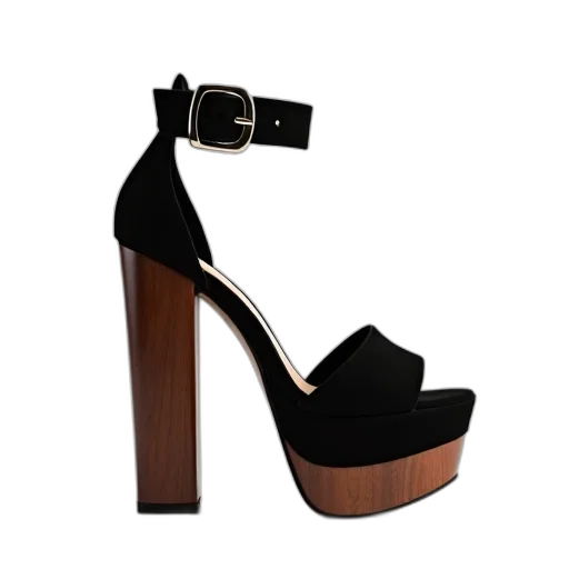 shoes, 3d render, black, high-heeled, sandal, wooden, platform, metallic transparent PNG cut-out