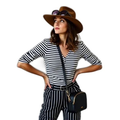 hat, monochrome, woman, standing, her, hands, hips, wearing transparent PNG cut-out