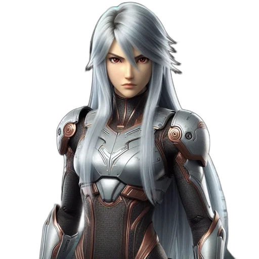 robot, concept art, fantasy art, 3d render, anime, woman, silver, hair transparent PNG cut-out