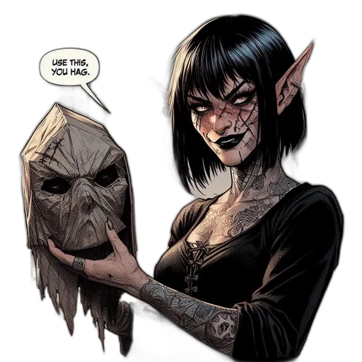 mask, comic book art, concept art, fantasy art, character, dark, hair, pointed transparent PNG cut-out