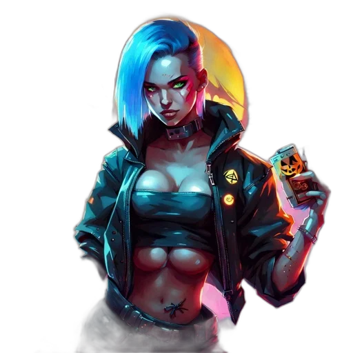 jacket, robot, cyberpunk, concept art, fantasy art, comic book art, neon lights, blue transparent PNG cut-out
