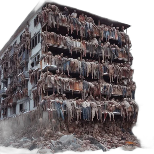 building, jacket, 3d render, photorealistic, concept art, abandoned, dilapidated, features transparent PNG cut-out