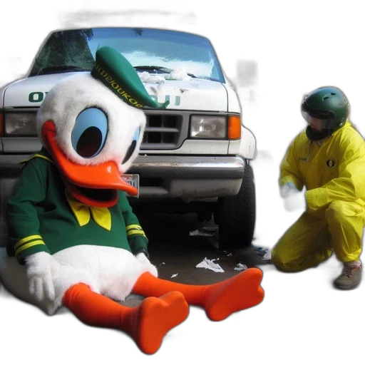 car, oversized, donald, duck, costume, sits, beside, ducks-marked transparent PNG cut-out