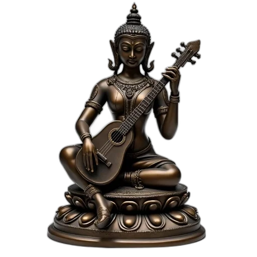 3d render, bronze, statue, seated, figure, serene, expression, adorned transparent PNG cut-out