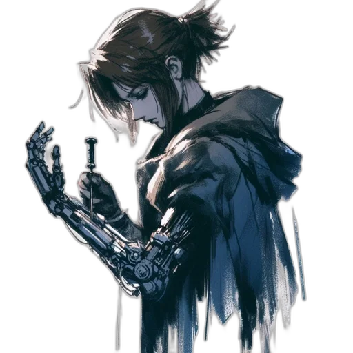 jacket, weapon, robot, mask, cyberpunk, concept art, watercolor, fantasy art transparent PNG cut-out