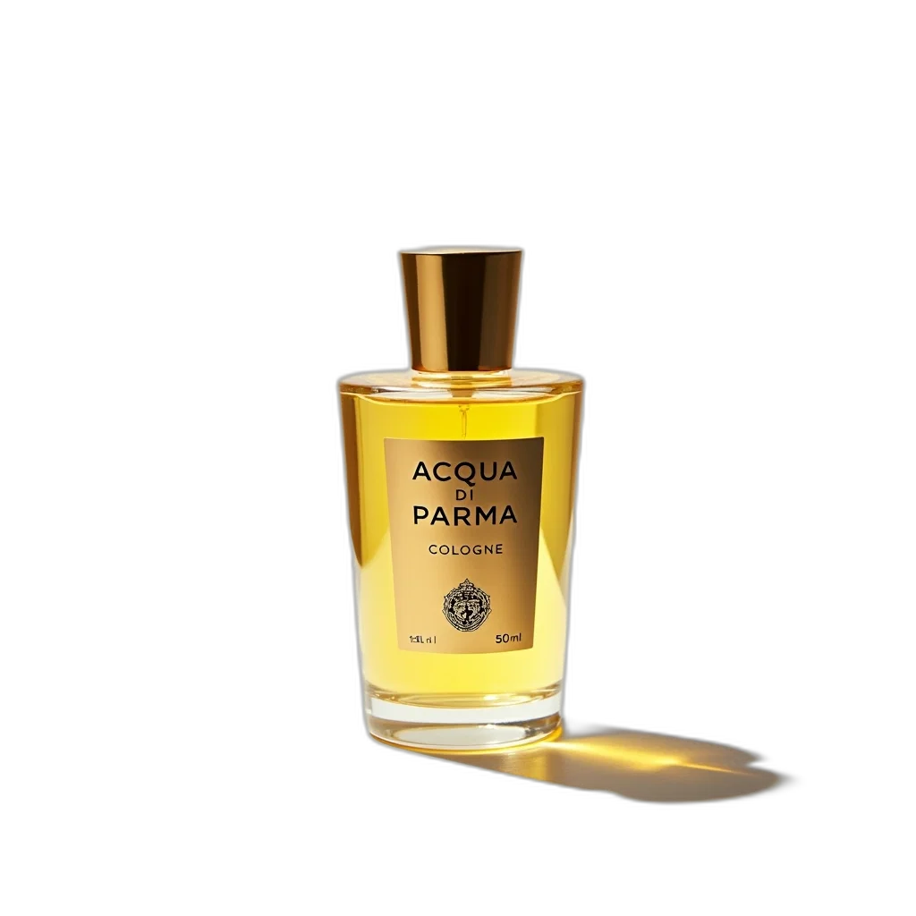 bottle, acqua, parma, cologne, golden, label, cap, filled transparent PNG cut-out