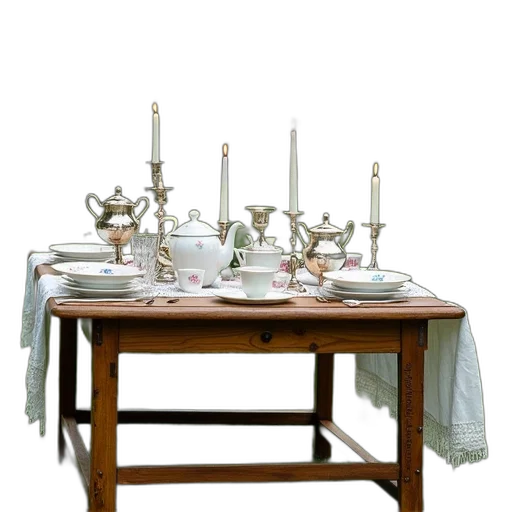 furniture, earth tones, wooden, table, set, fine, china, silverware transparent PNG cut-out