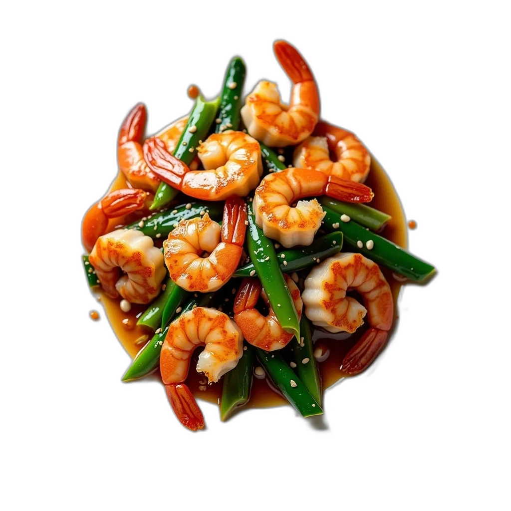 food, photorealistic, 3d render, plate, stir-fried, shrimp, green, vegetables transparent PNG cut-out