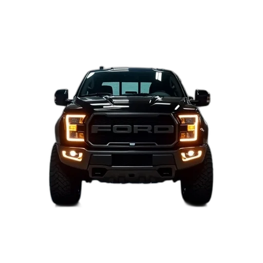 car, 3d render, black, pickup, truck, parked, garage, headlights transparent PNG cut-out