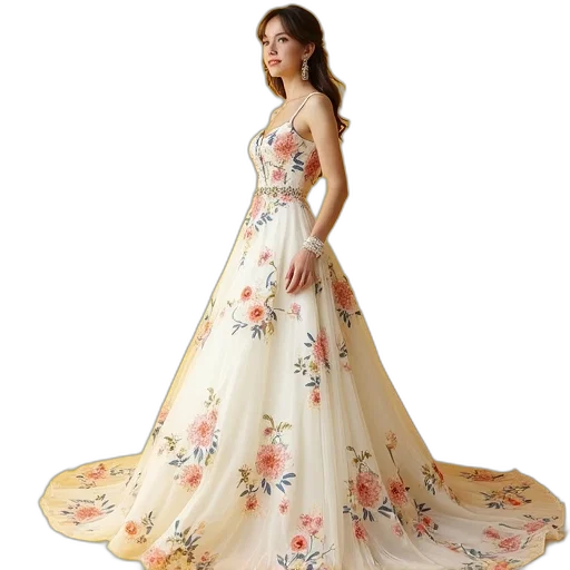 dress, photorealistic, oil painting, floral, print, prom, white, yellow transparent PNG cut-out