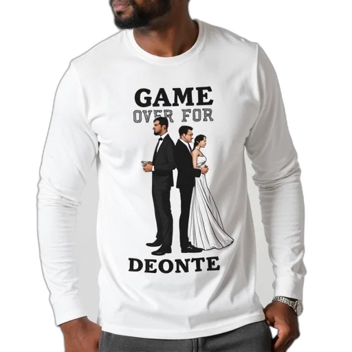 man, wearing, white, long-sleeve, shirt, graphic, design, reads transparent PNG cut-out