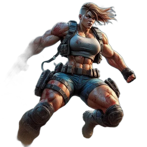 weapon, concept art, fantasy art, comic book art, cyberpunk, muscular, woman, action transparent PNG cut-out