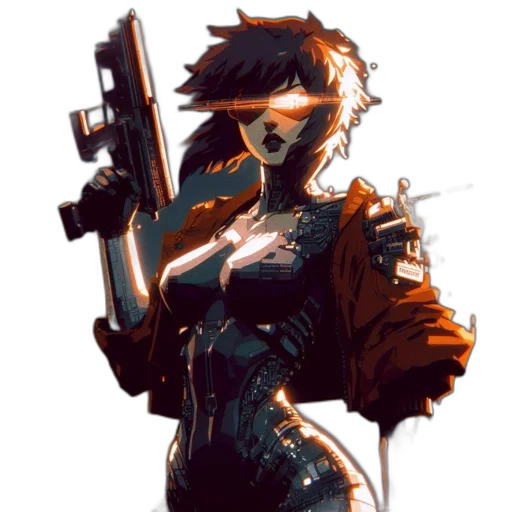 robot, weapon, jacket, cyberpunk, concept art, comic book art, pixel art, dark transparent PNG cut-out