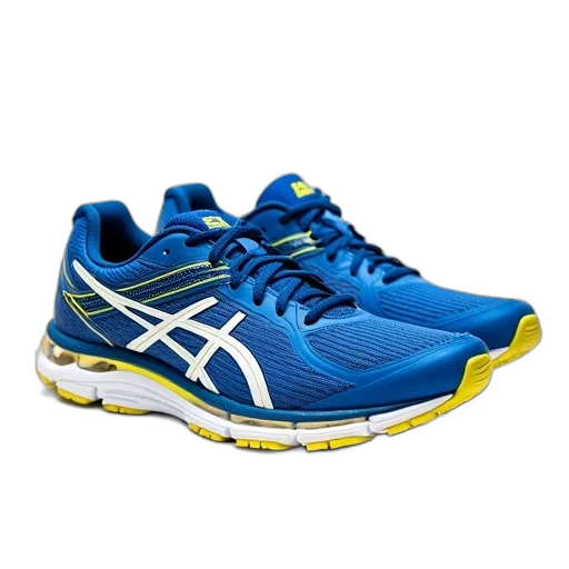 shoes, pair, blue, white, running, yellow, accents, soles transparent PNG cut-out