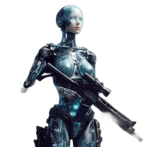 robot, weapon, cyberpunk, concept art, 3d render, comic book art, blue, detailed transparent PNG cut-out